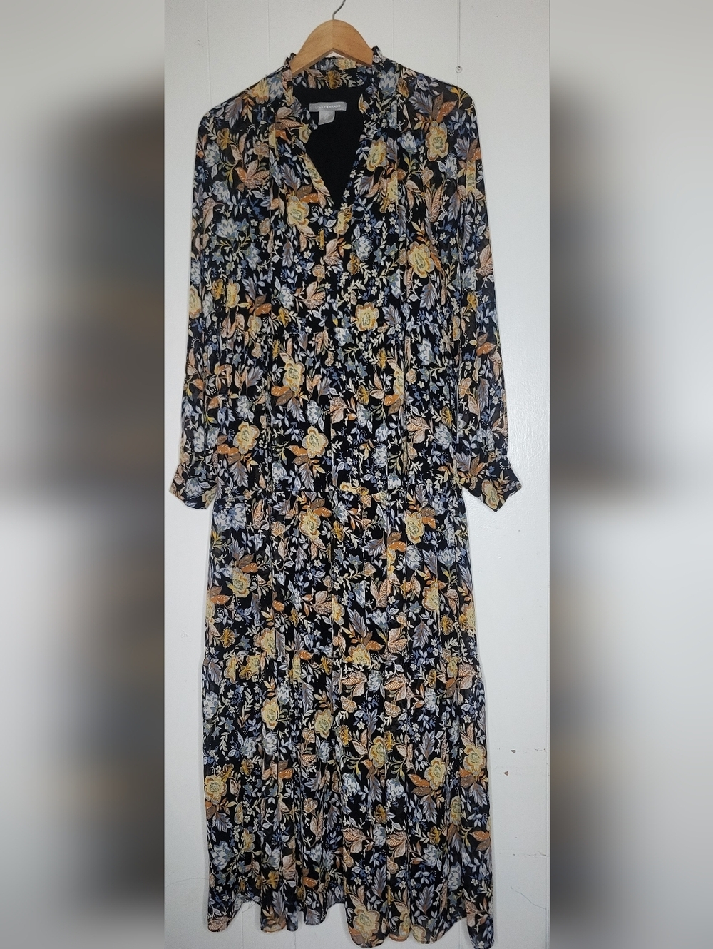 Lucky Brand Black Floral Long-Sleeve Tiered Maxi Dress